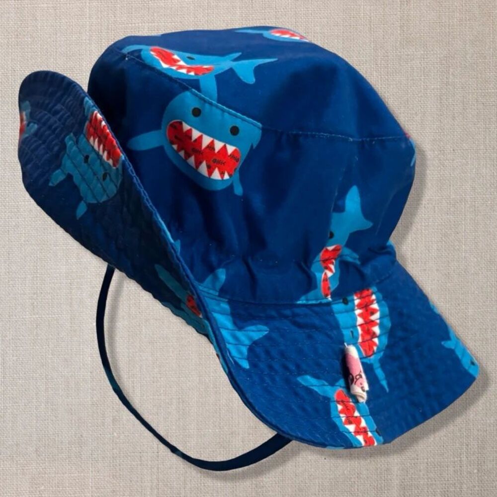 Kids Shark Bucket Sun Hat Blue Adjustable Chin Strap One Size Swim Beach